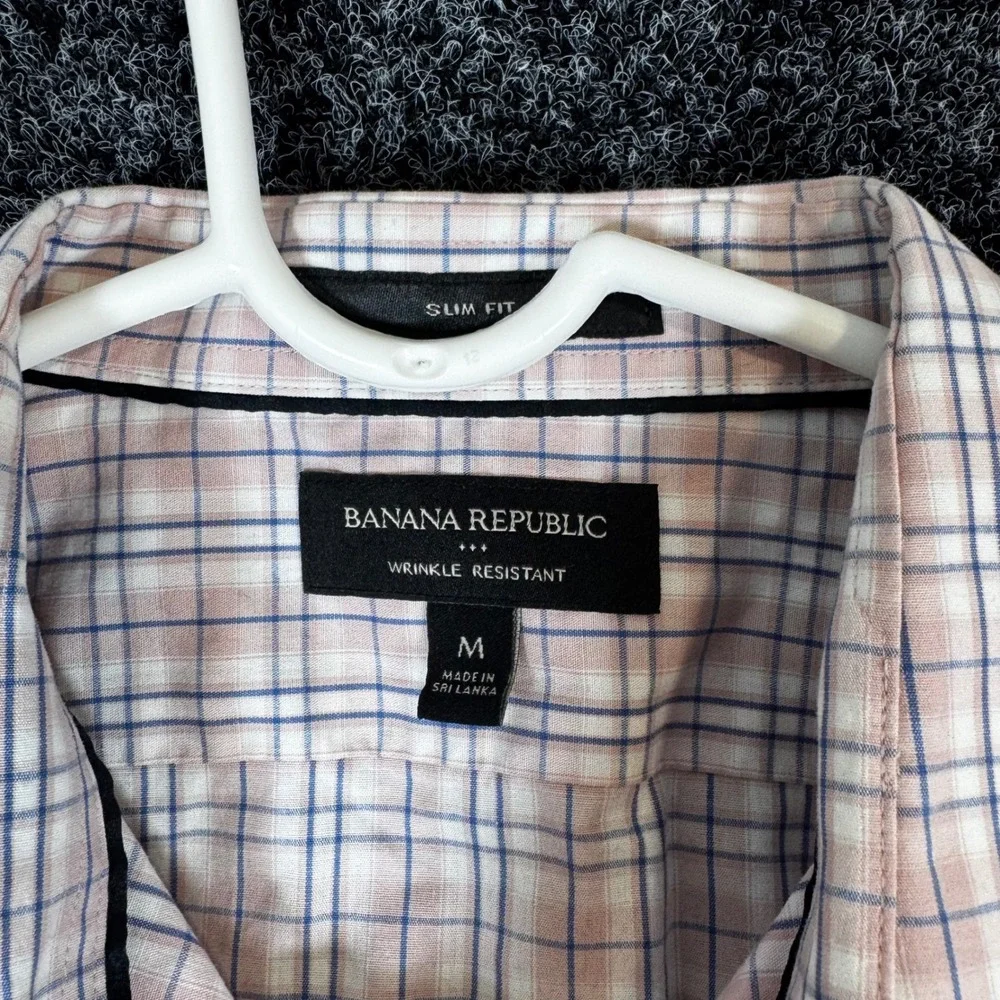 Banana Republic Mens Slim Fit Wrinkle Resistant Plaid Button Down Shirt Pink M